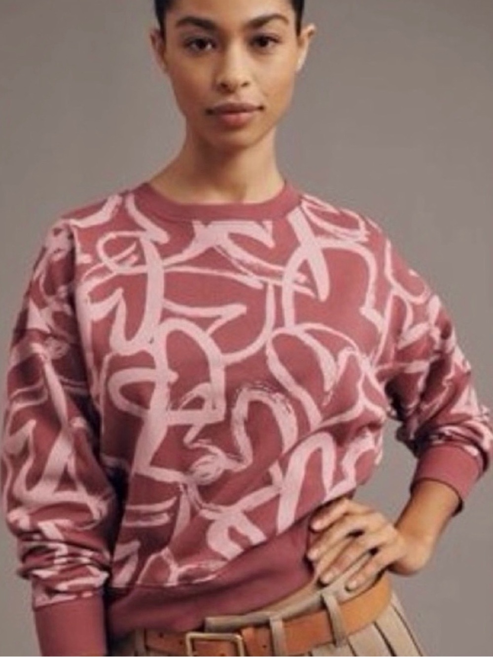 Maeve Pink Brushstroke Hearts Crewneck Sweater